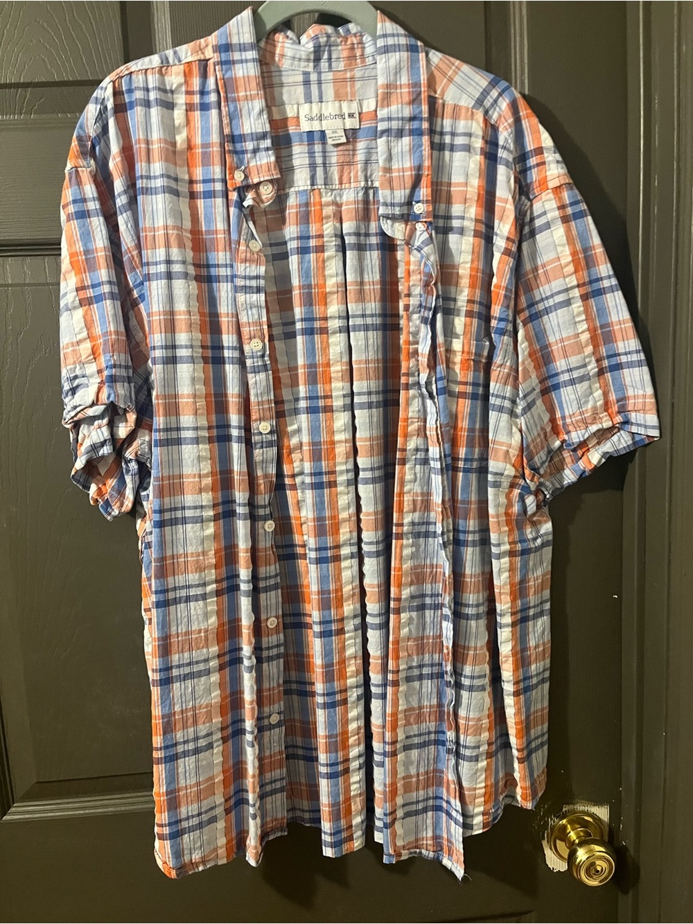 Saddlebred Blue, Orange & White Plaid Short-Sleeve Button-Down Shirt